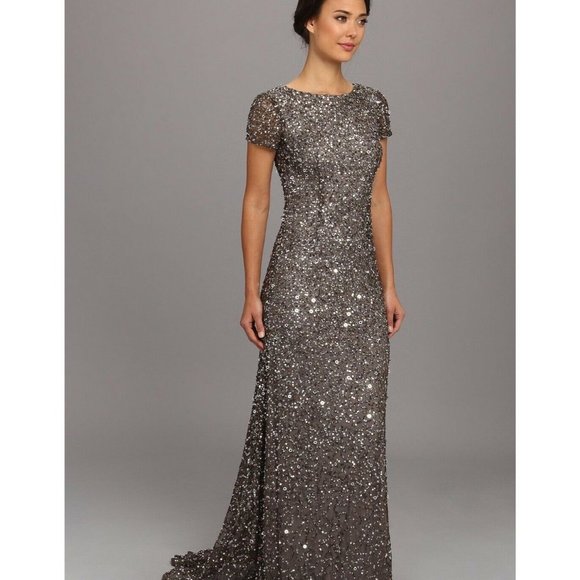 NEW $248‎ Adrianna Papell Short Sleeve Sequin Mesh Gown in Lead [ Size 4 10 ] - Picture 13 of 14